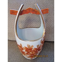 Orange flowers on white vase with gold trimming unique handle 12.5"T home decor   123237530707